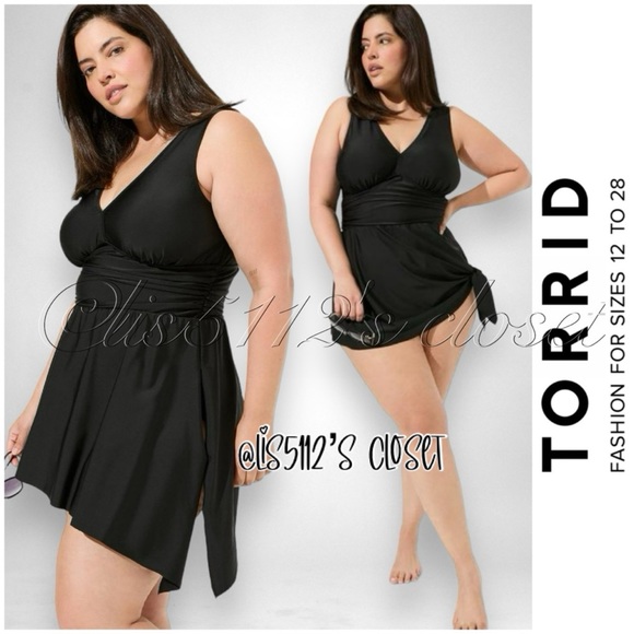 Torrid Black Wireless Asymmetrical Swim Dress Swimsuit 4X 26 26W